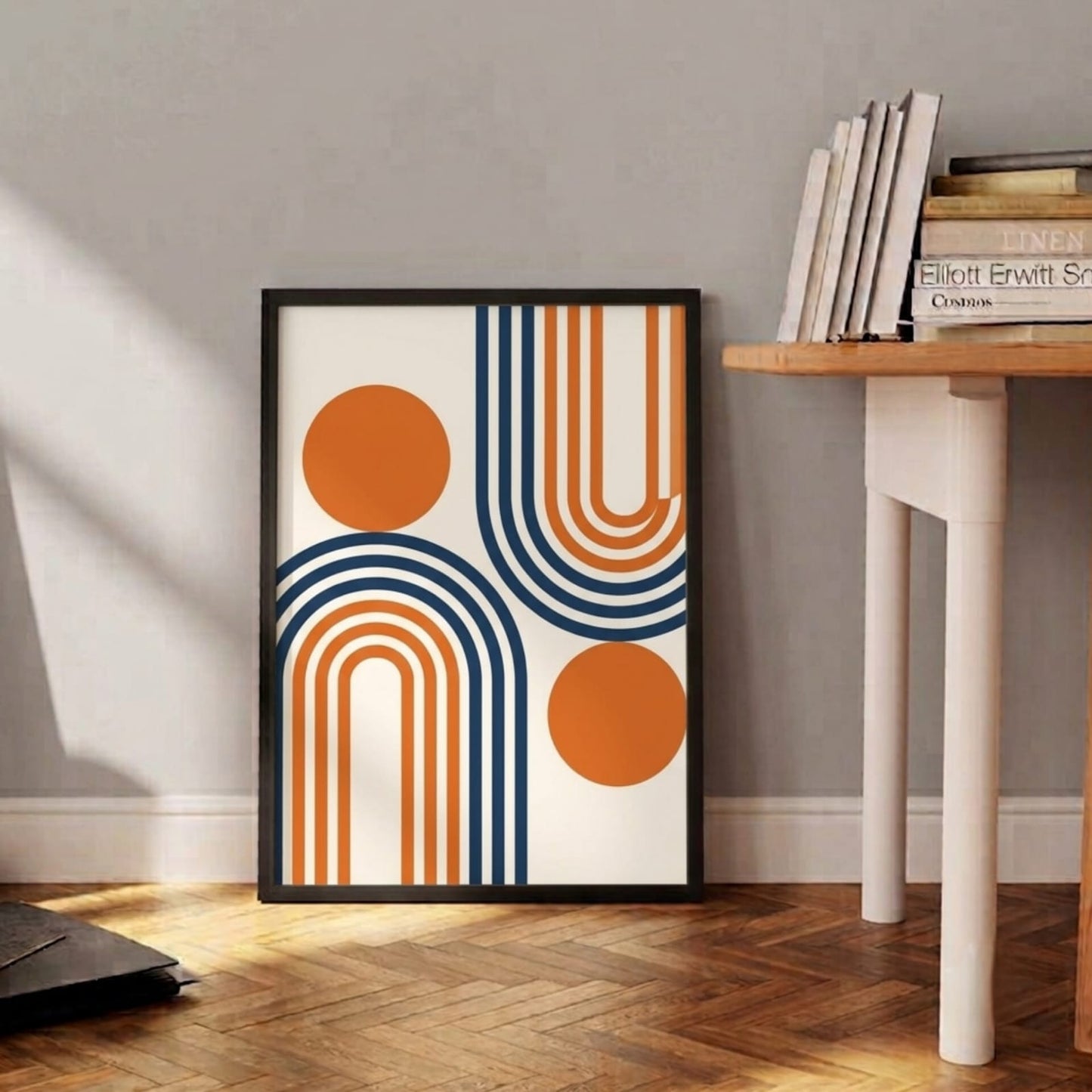 Mid-Century Modern Geometric Arc and Sun Wall Art Frame with terracotta orange and navy blue on cream background