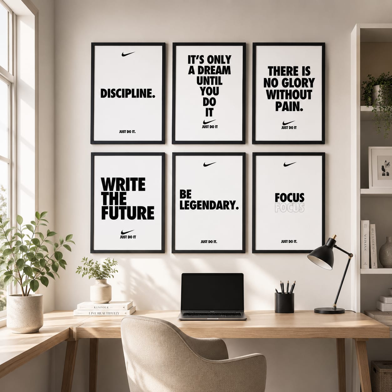 Just Do It Nike-inspired motivational gallery wall set of 6 black frames with bold black and white typography