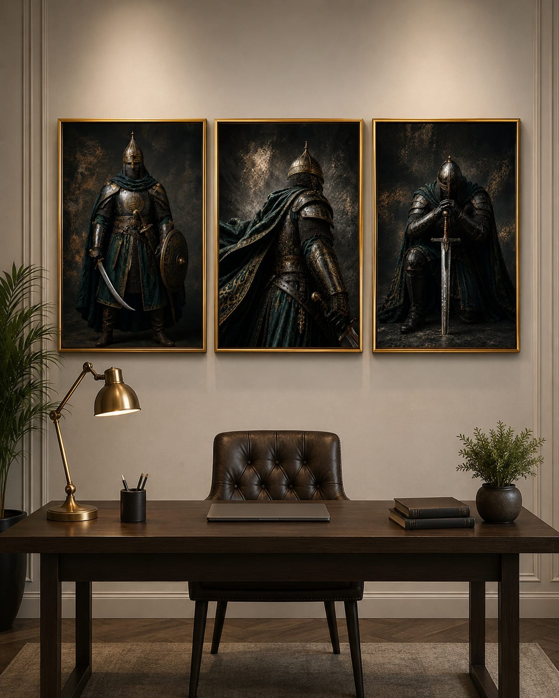 Dark Armor Warrior — Medieval Knight Portrait Gallery Wall Set of 3 Frames