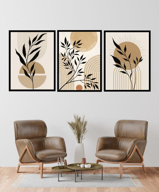 Boho Botanical Sun and Leaf Wall Art Set of 3 Frames in neutral earth tones displayed in a modern living room