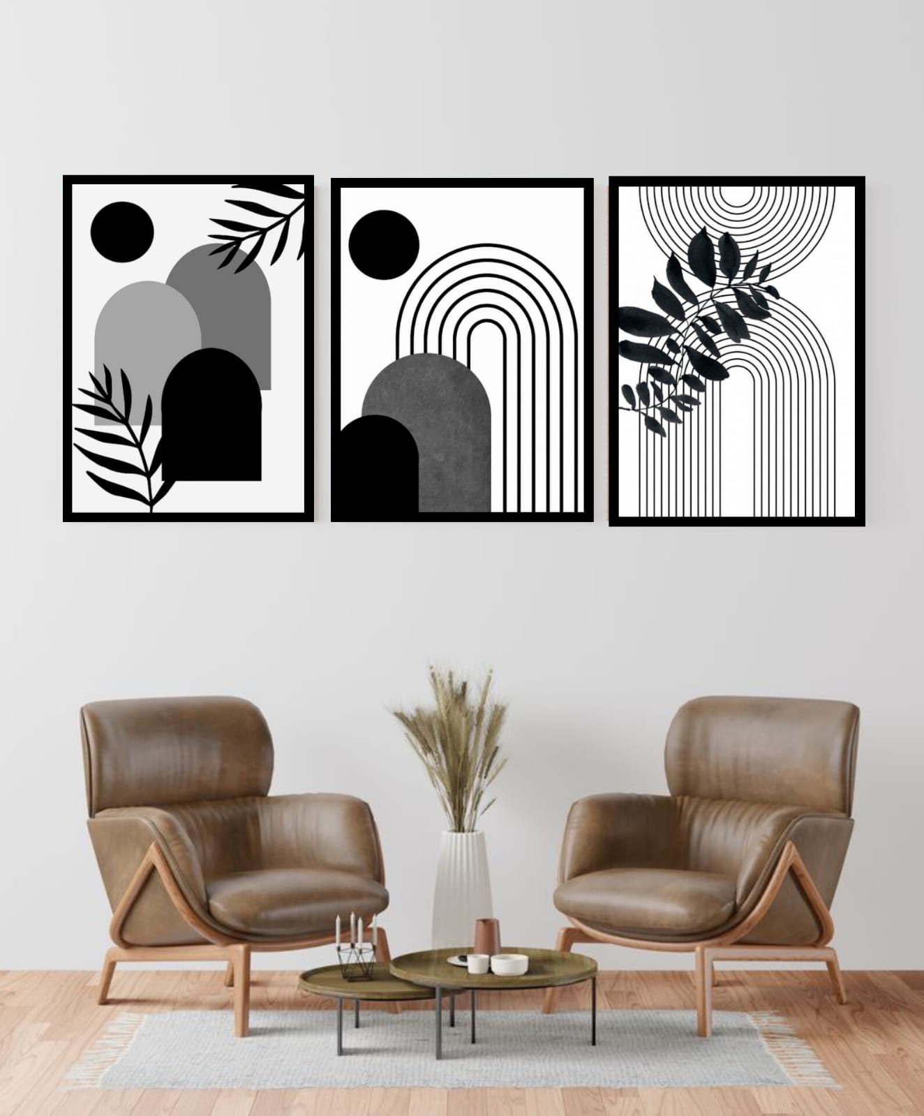 Monochrome Abstract Botanical Wall Art Set of 3 Frames with black geometric arches and leaf silhouettes