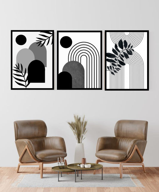 Monochrome Abstract Botanical Wall Art Set of 3 Frames with black geometric arches and leaf silhouettes
