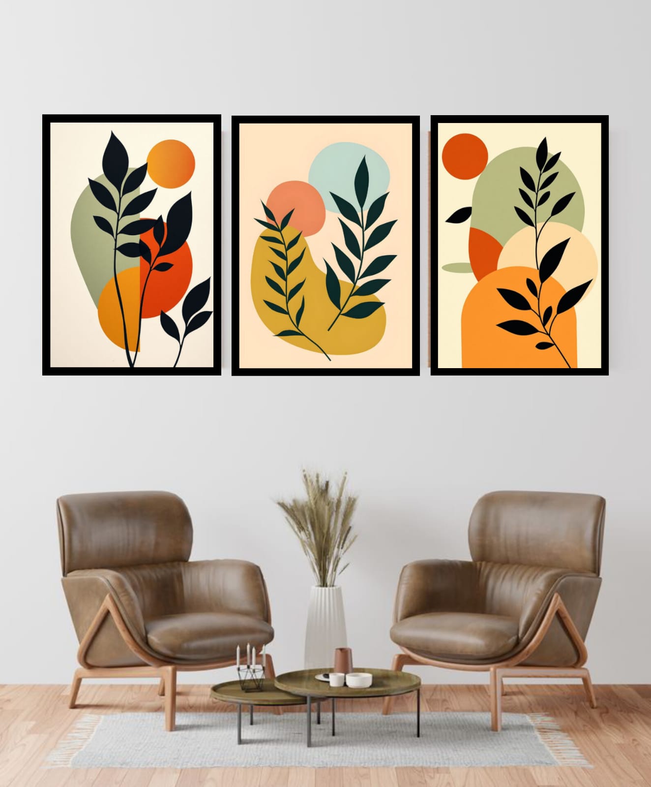 Boho Abstract Botanical Wall Art Set of 3 Frames displayed in a modern living room