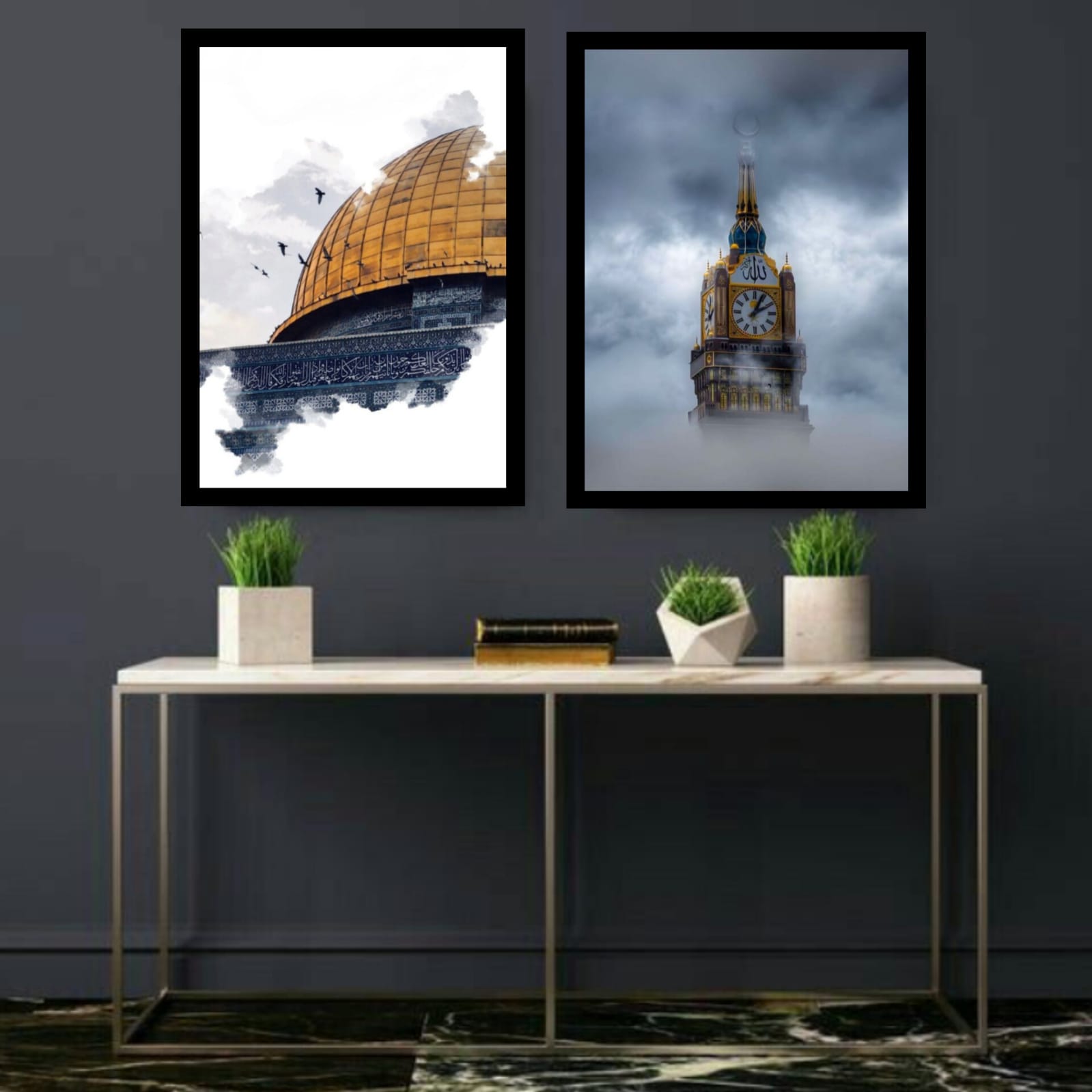Dome of the Rock and Makkah Clock Tower Islamic Wall Art Set of 2 Frames with dramatic cloudy sky