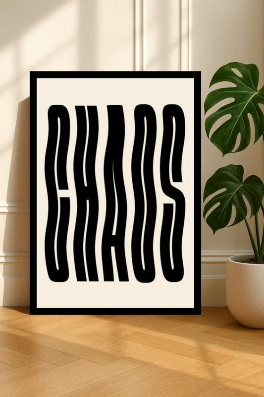 CHAOS Bold Typography Wall Art Frame in black wavy lettering on cream background