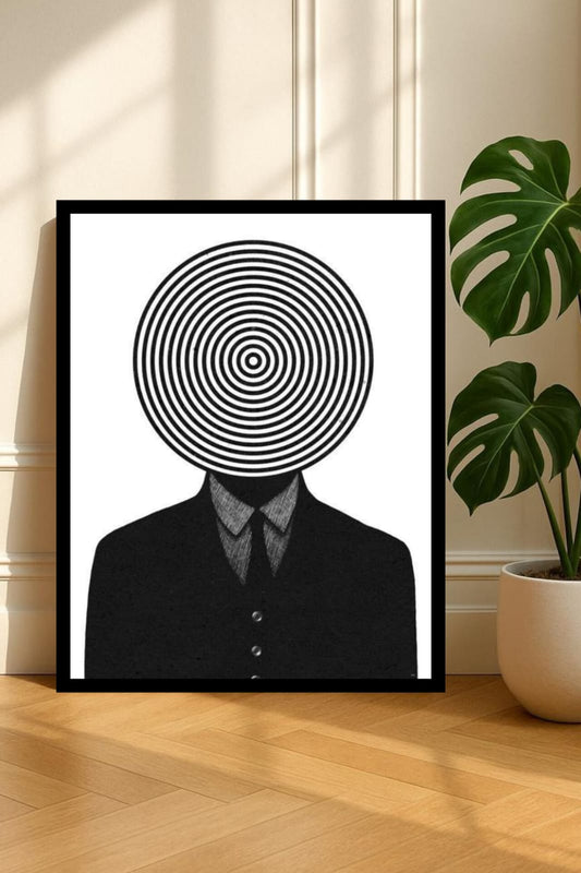 Mind Over Matter surrealist wall art frame featuring a suited figure with a hypnotic spiral face