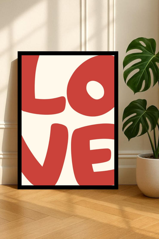 LOVE Bold Red Typography Wall Art Frame with chunky crimson letters on cream background