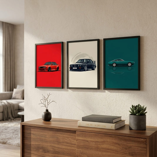 Classic Car Art Gallery Wall Set – 3 framed prints in red, cream and teal on a beige wall