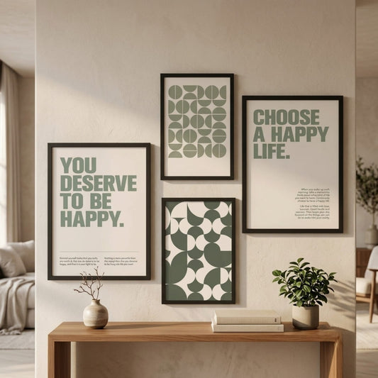 Boho Sage Green 4-piece gallery wall set with motivational prints and geometric art in black frames