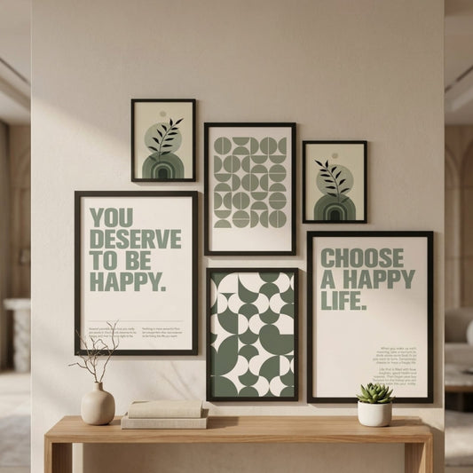 Boho Sage Green Gallery Wall Set – 6 piece framed art display on beige wall