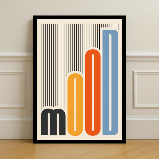 MOOD Retro Bold Typography Wall Art Frame with stepped charcoal amber orange and blue letters on cream background with fine lines