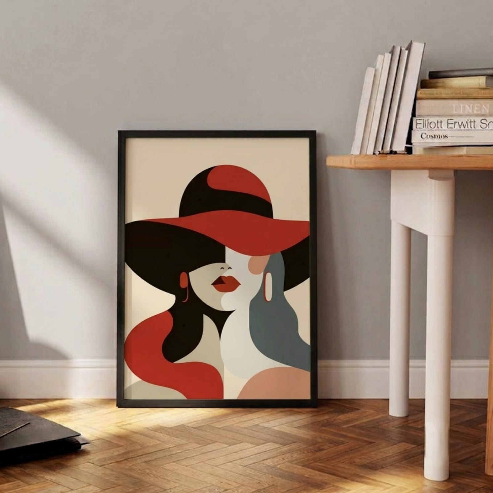 Abstract Elegant Woman in Red Hat Fashion Wall Art Frame with warm earth tones and flowing shapes