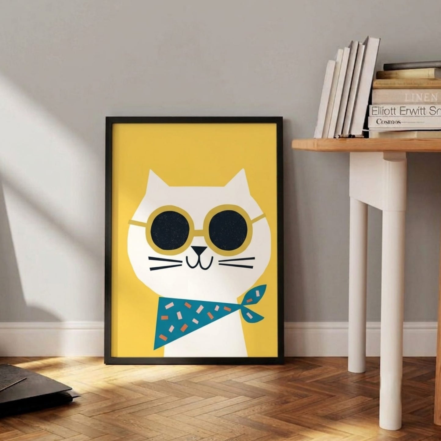 Cool Cat in Sunglasses Fun Kids Wall Art Frame with white cat in gold shades and teal bandana on yellow background