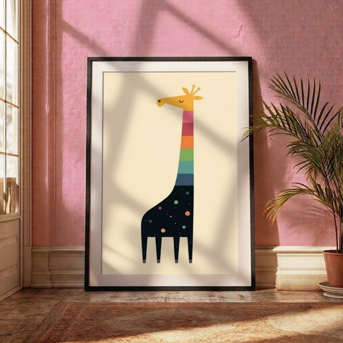 Rainbow Giraffe Whimsical Kids Wall Art Frame with colourful striped neck and starry dark body on cream background