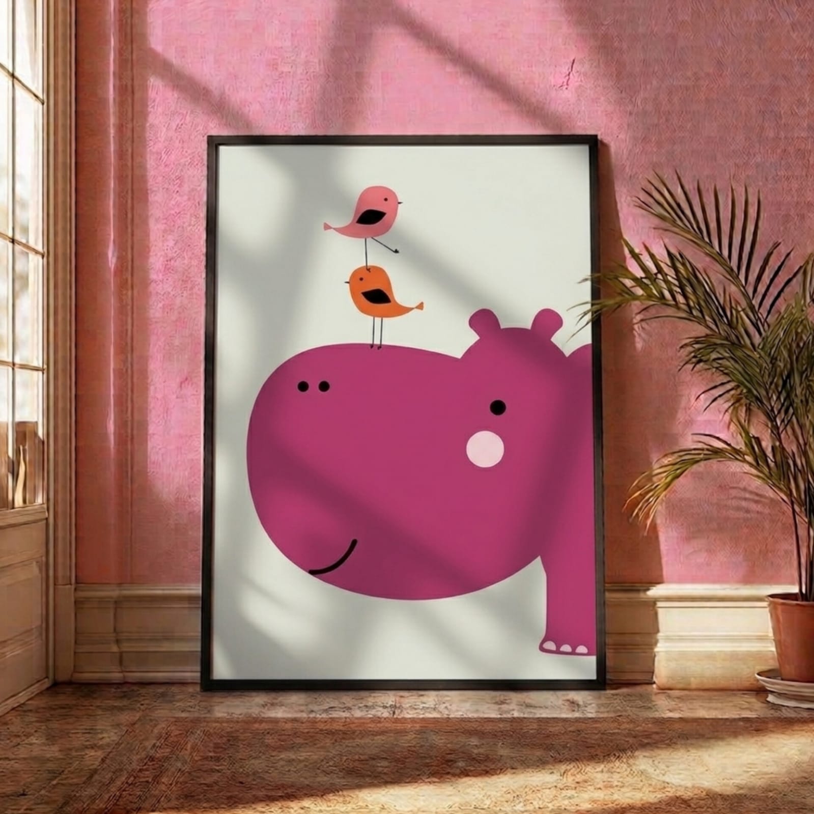 Happy Hippo and Friends Cute Kids Wall Art Frame with pink hippo and two birds on white background