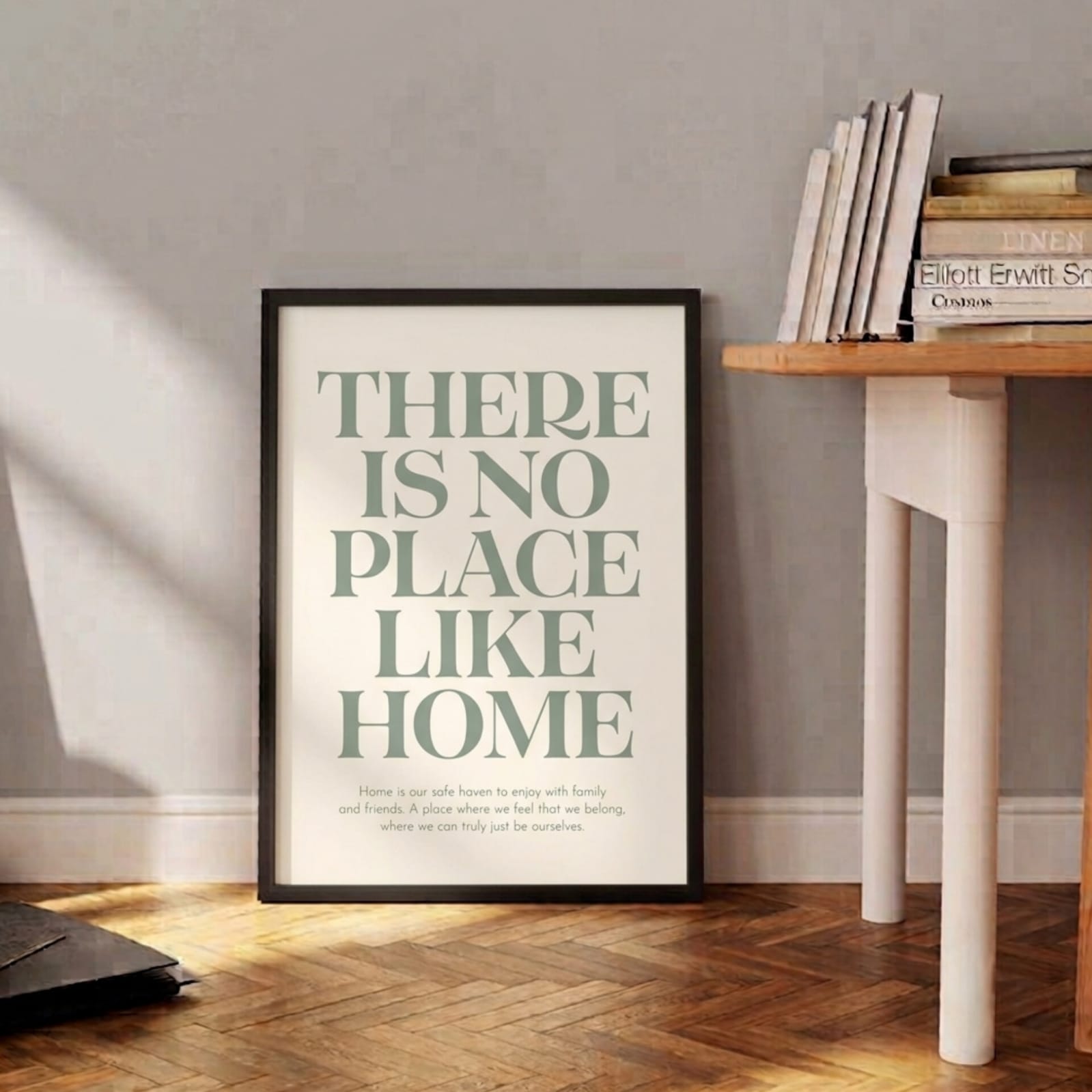 There Is No Place Like Home Sage Green Typography Wall Art Frame with elegant serif lettering on cream background