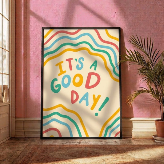 It's A Good Day Colourful Positivity Typography Wall Art Frame with rainbow wavy lines on cream background