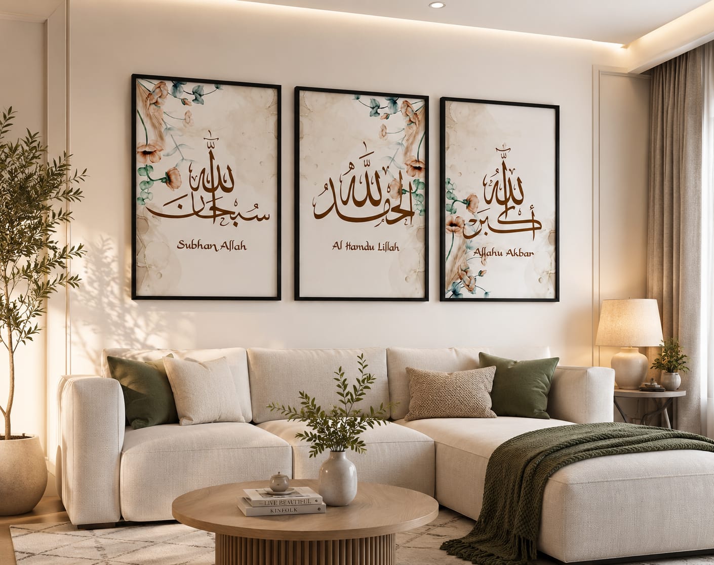 Floral Tasbeeh Trio Islamic Calligraphy Wall Frame Set - SubhanAllah, Alhamdulillah, Allahu Akbar with watercolour florals
