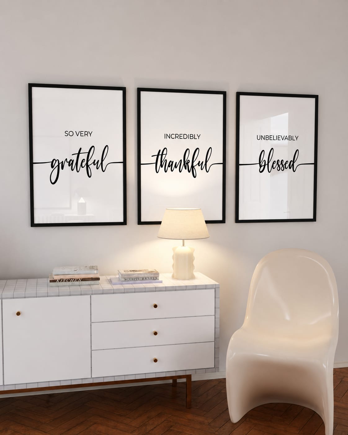Grateful Thankful Blessed Minimalist Wall Frame Set - So Very Grateful, Incredibly Thankful, Unbelievably Blessed