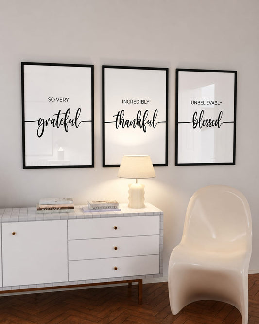 Grateful Thankful Blessed Minimalist Wall Frame Set - So Very Grateful, Incredibly Thankful, Unbelievably Blessed