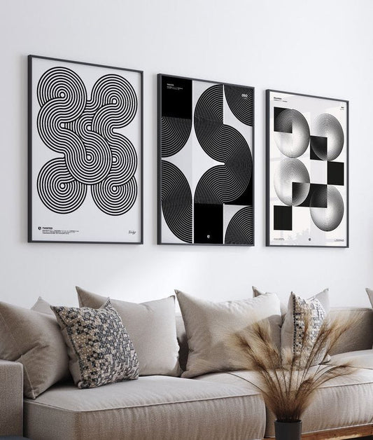 Bauhaus Geometric Abstract Wall Frame Set - Twisted, Maze and Balance black and white prints