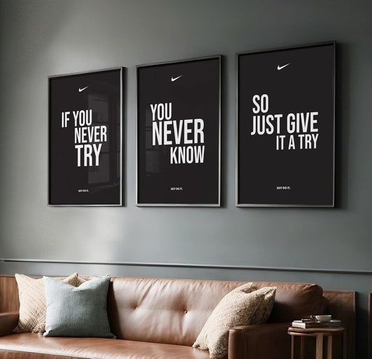 If You Never Try You Never Know So Just Give It A Try Nike-inspired dark motivational gallery wall set of 3 frames in white on black