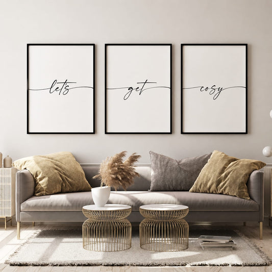 Let's Get Cosy minimalist cursive script typography gallery wall set of 3 black frames on white background