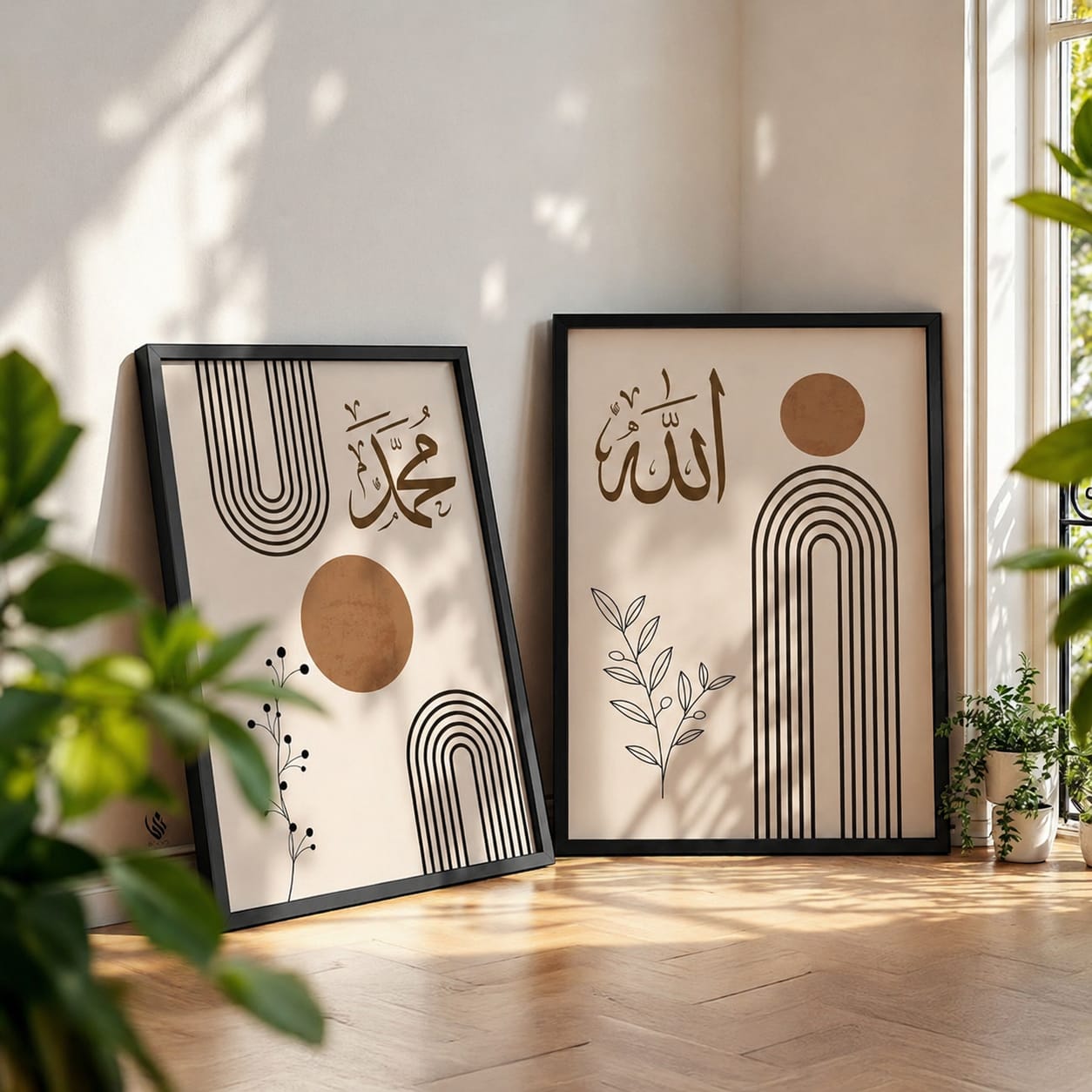 Allah and Muhammad Boho Line Art Islamic Wall Frame Set - minimalist Arabic calligraphy with terracotta sun and arch illustrations
