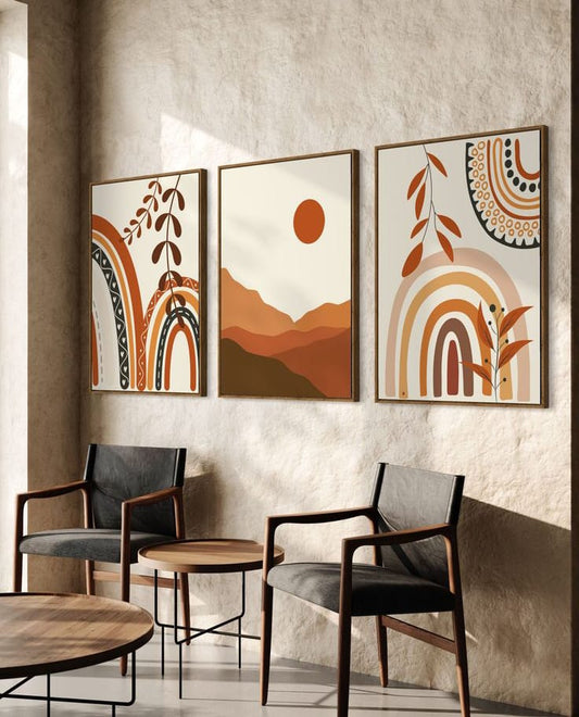 Boho Rainbow and Desert Sun Mid-Century Wall Frame Set - terracotta tribal rainbow, desert sunset and boho arc prints
