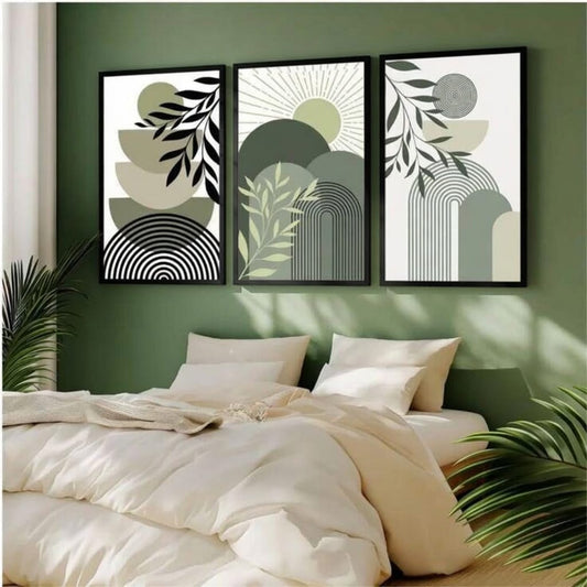 Sage green boho botanical abstract geometric gallery wall set of 3 black frames with arches, sun and leaf motifs