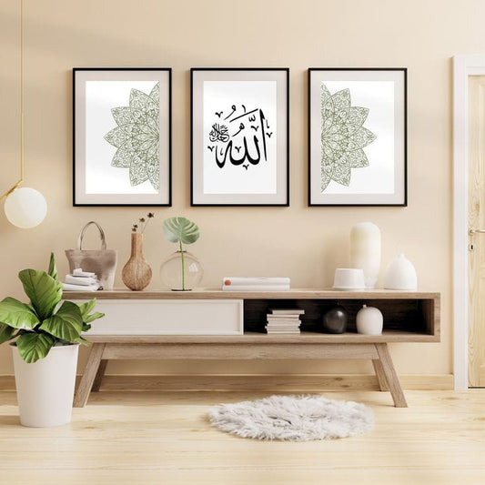 Allah calligraphy Islamic gallery wall set of 3 frames with geometric mandala star prints in sage green and grey