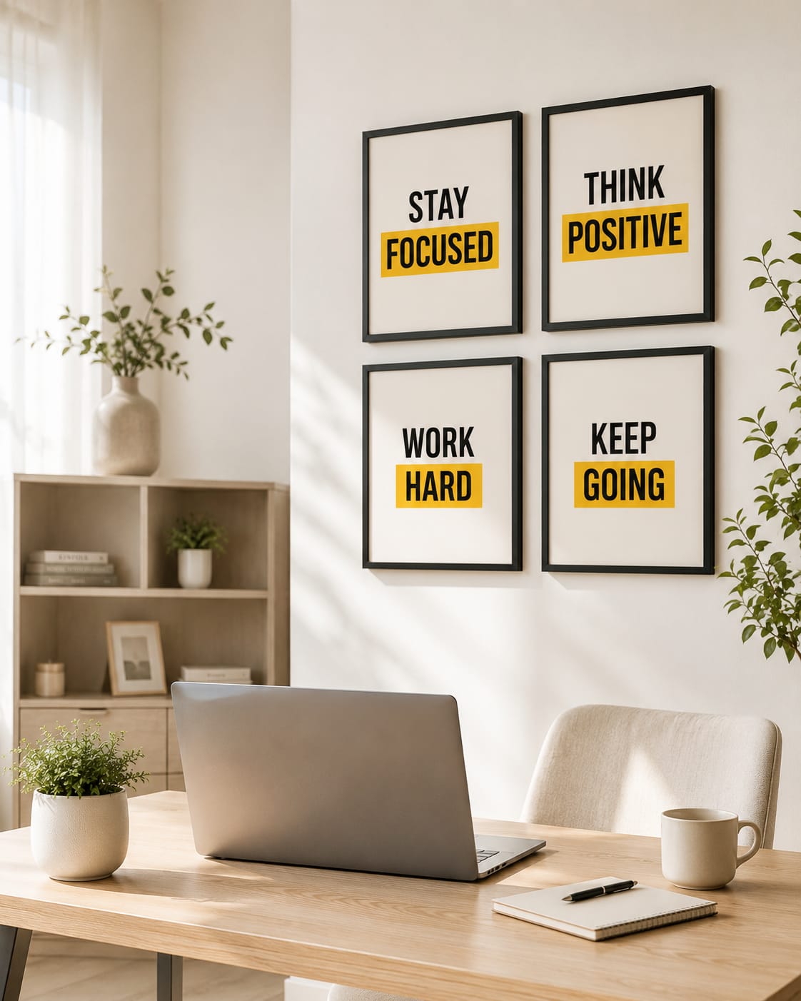 Stay Focused Think Positive Work Hard Keep Going motivational typography gallery wall set of 4 black frames in black and yellow