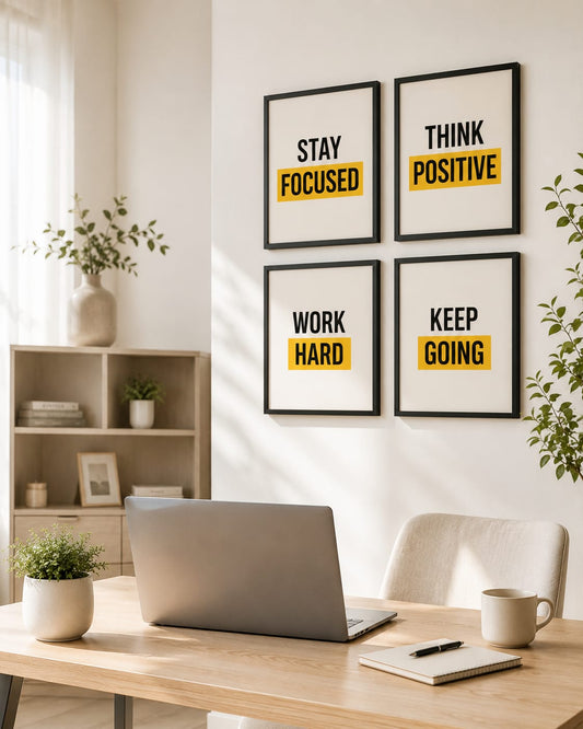 Stay Focused Think Positive Work Hard Keep Going motivational typography gallery wall set of 4 black frames in black and yellow
