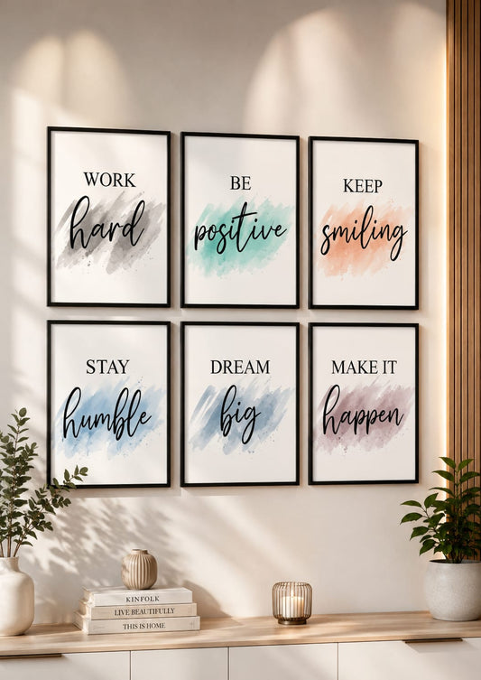 Work Hard Be Positive Keep Smiling Stay Humble Dream Big Make It Happen watercolour motivational gallery wall set of 6 black frames