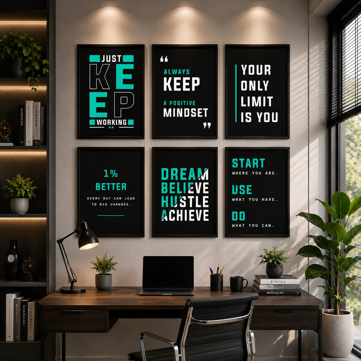 Dream Hustle Achieve teal and black motivational gallery wall set of 6 black frames with bold white and teal typography