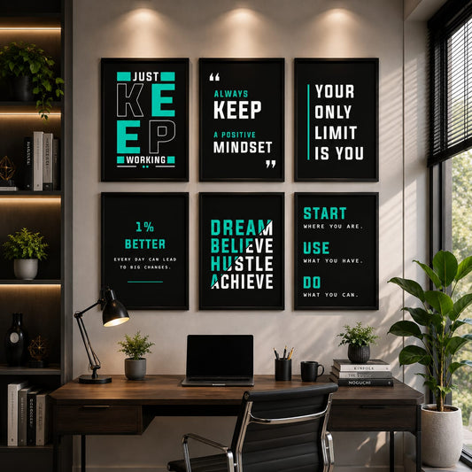 Dream Hustle Achieve teal and black motivational gallery wall set of 6 black frames with bold white and teal typography