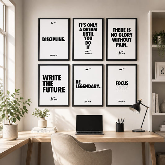 Just Do It Nike-inspired motivational gallery wall set of 6 black frames with bold black and white typography