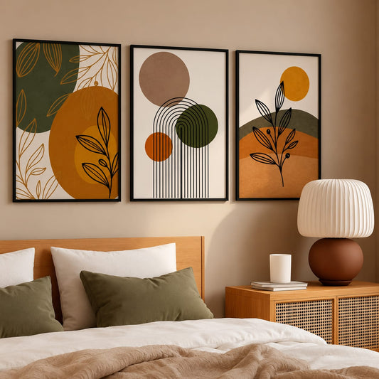 Earthy boho botanical abstract geometric gallery wall set of 3 black frames in terracotta olive green and warm gold tones