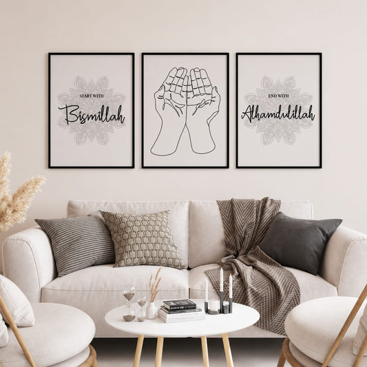 Bismillah Alhamdulillah dua hands mandala Islamic triptych wall art set of 3 black frames on warm linen background