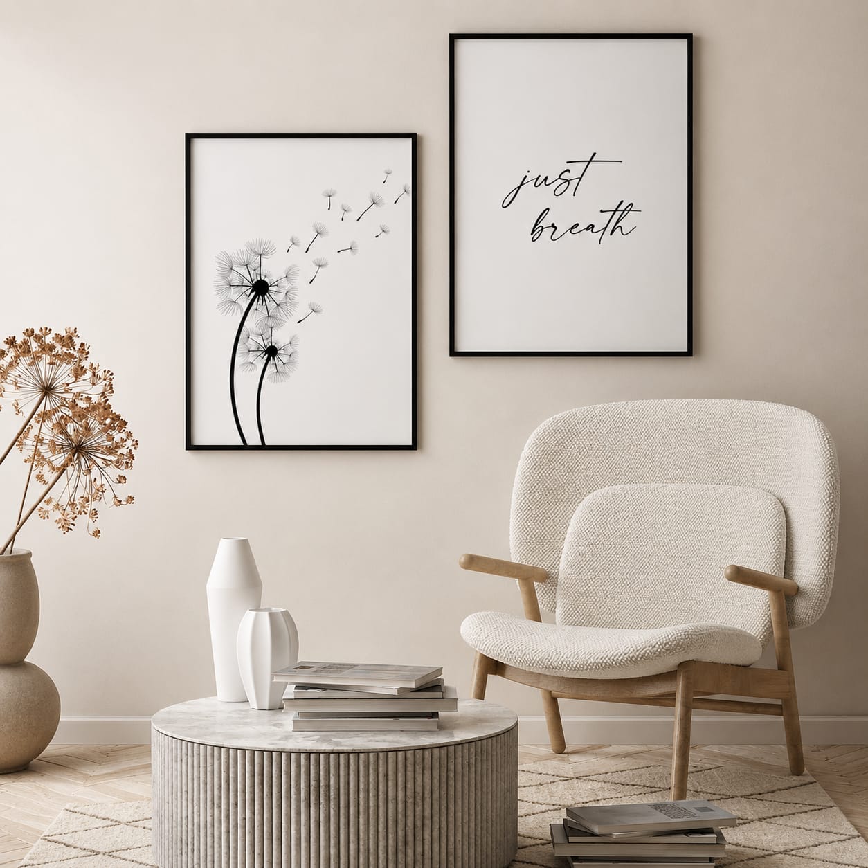 Just Breath dandelion botanical minimalist wall art set of 2 black frames with cursive typography on white background