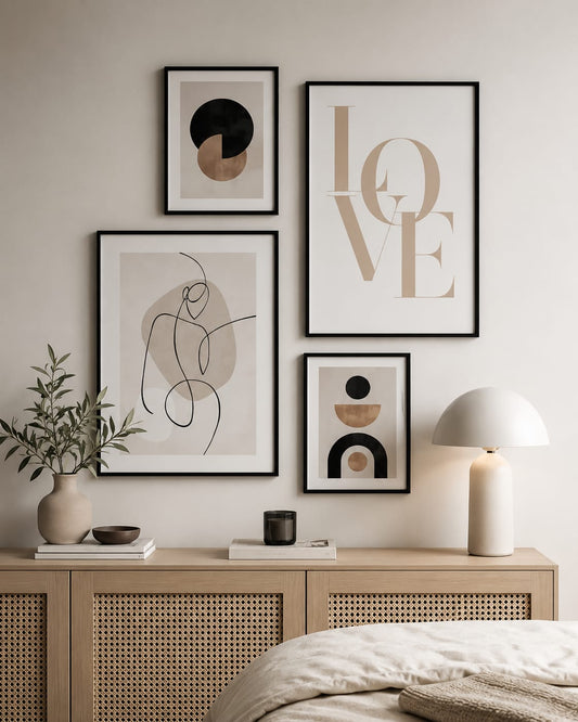 LOVE beige abstract geometric gallery wall set of 4 black frames with typography line art and geometric shapes in warm neutral tones