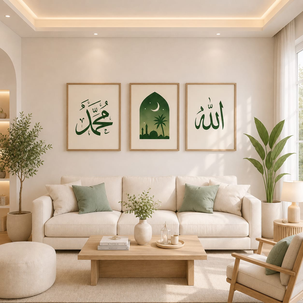 Allah and Muhammad calligraphy Islamic gallery wall set of 3 frames with mosque moonlight scene in forest green on cream