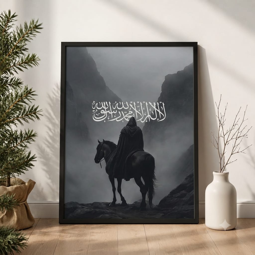La Ilaha IllAllah Shahadah white calligraphy Islamic wall art frame with lone rider on horseback in misty mountain landscape monochrome