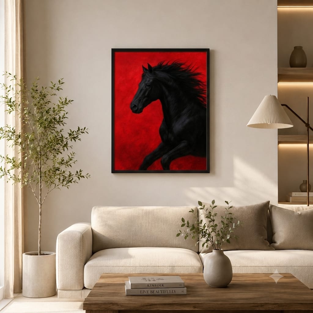 Black Stallion — Crimson Red Equestrian Wall Art Frame