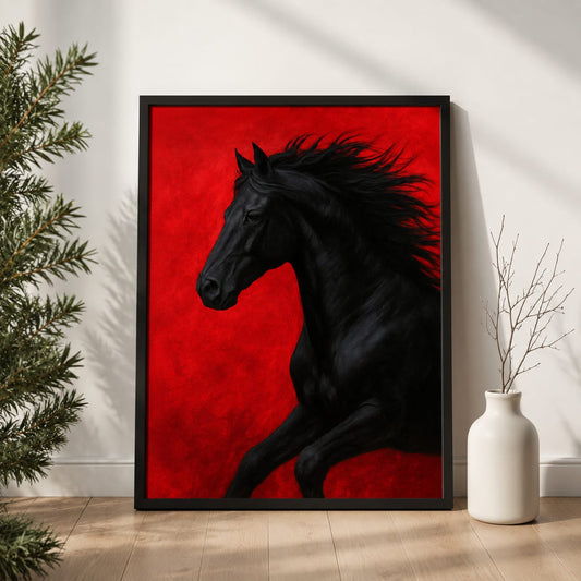 Black Friesian stallion mid-gallop with flowing mane against deep crimson red background equestrian wall art frame