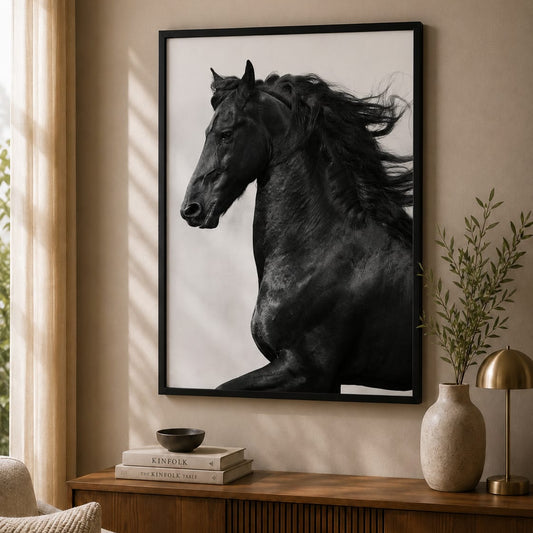 Black Friesian stallion rearing with flowing mane charcoal graphite equestrian wall art frame on white background