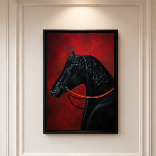 Black Arabian stallion portrait with orange bridle oil painting style equestrian wall art frame against deep crimson red background