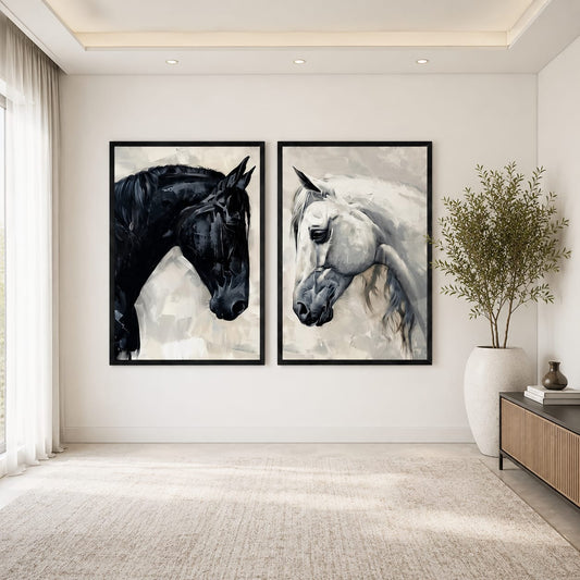 Black stallion and white mare equestrian oil painting gallery wall set of 2 black frames facing each other on soft cream background