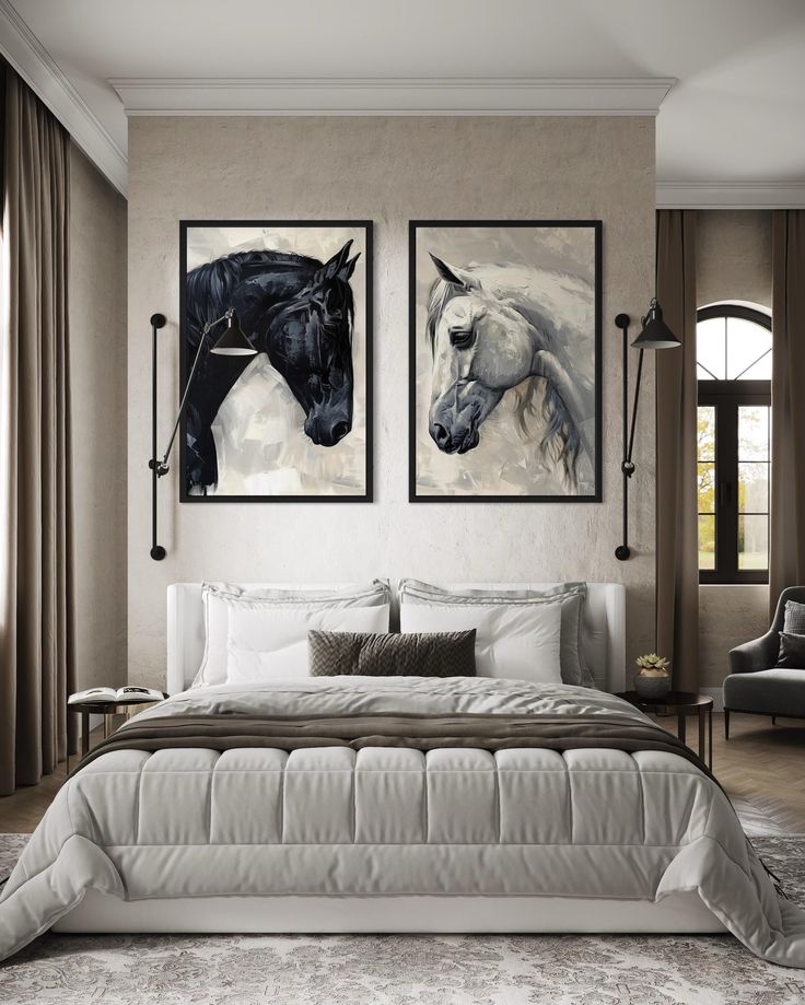 Black & White Stallion — Equestrian Oil Painting Gallery Wall Set of 2 Frames