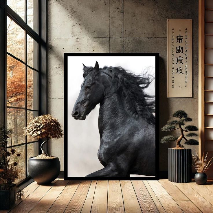Black Friesian — Rearing Stallion Charcoal Equestrian Wall Art Frame
